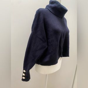 Zara Sweater Cowl Neck Faux Pearls Navy Gold